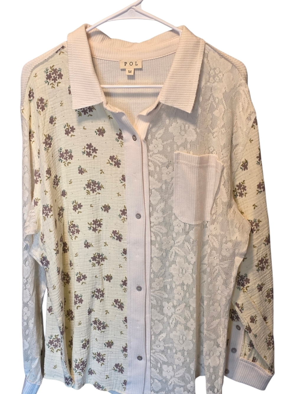 POL Floral Lace Button-Up Shirt - Cream with Purple Floral